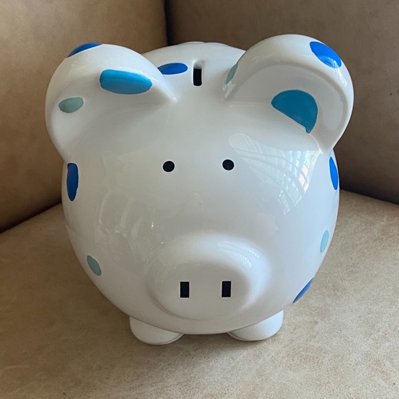 Child To Cherish White/Blue Polka Dots Ceramic Piggy Bank Baby Gift Nursery - Picture 2 of 6